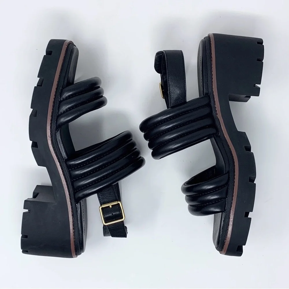 NEW Tory Burch Lug Sole Heeled Sandals (Sz 9) Quilted Leather Slingback Black - Picture 6 of 13